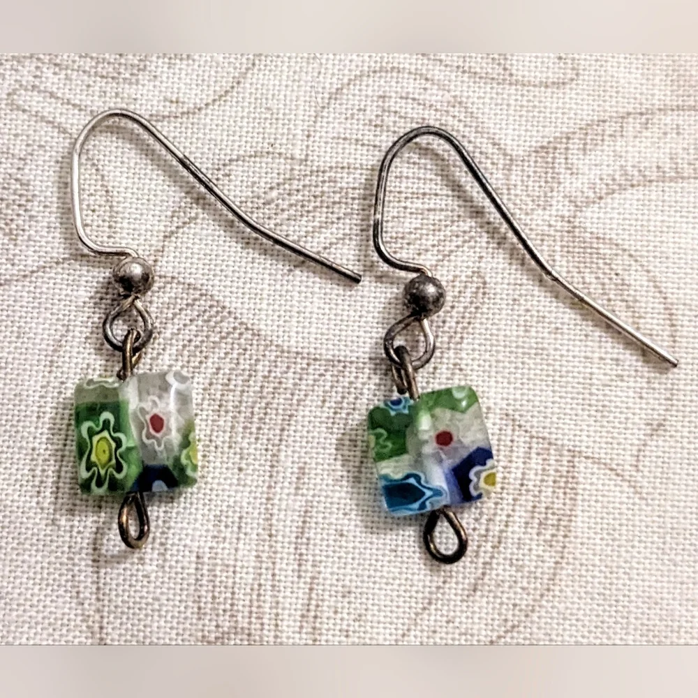Floral Blue and Green Transparent Cube Bead Hook Earrings - Picture 1 of 3